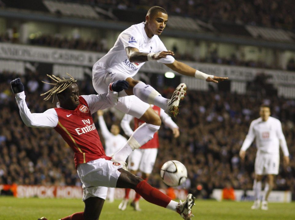 Football - Tottenham Hotspur v Arsenal Carling Cup Semi Final Second Leg - White Hart Lane - 22/1/08 Arsenal's Bacary Sagna (L) and Tottenham's Kevin Prince Boateng (top) in action Mandatory Credit: Action Images / John Sibley Livepic