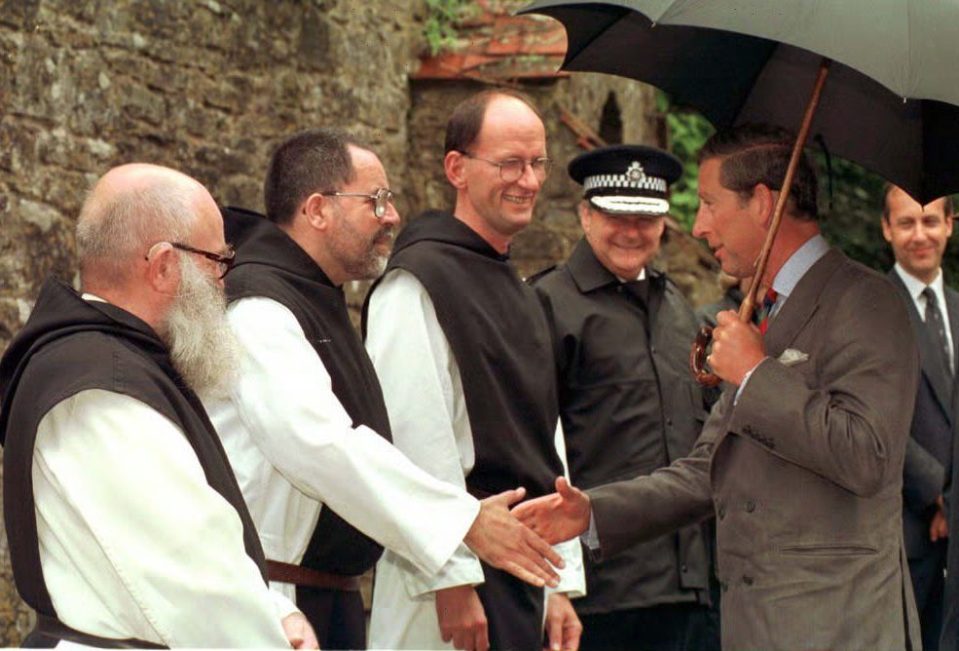 HRH The Prince of Wales meets monks Father Robert, Brother Gabriel, and Acting Abbot Father Daniel during his visit to Caldy Island in 1997