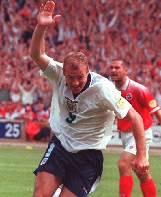 Alan Shearer after scoring England's first goal against Switzerland