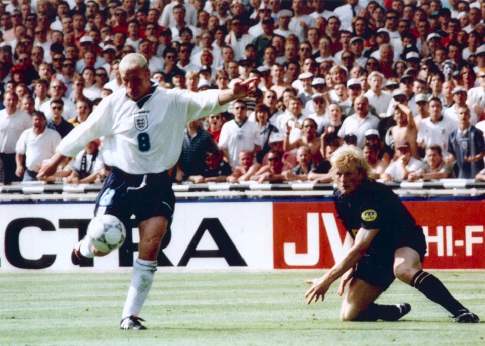 Paul Gascoigne chipped the ball over Colin Hendry's head before firing past Andy Goram in the Scotland net