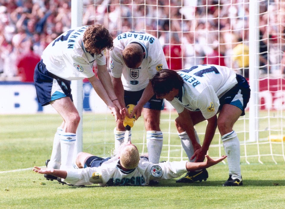 The infamous Dentist's Chair celebration after Gazza's goal vs Scotland