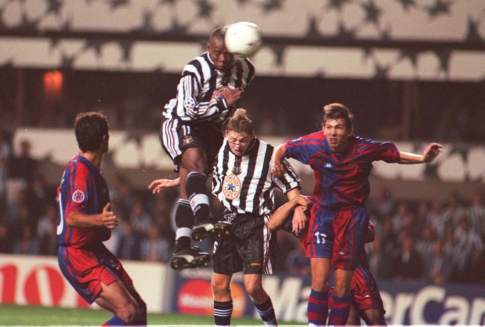 Caption: Asprilla rises above Nadal to meet Gillespie's cross and complete his hat-trick early in the second half against Barcelona at St James' Park last night. NEWCASTLE V BARCELONA CHAMPIONS LEAGUE PIC HUGH ROUTLEDGE ASPRILLA SCORES THE 2ND GOAL. Newcastle 3-2 Barcelona