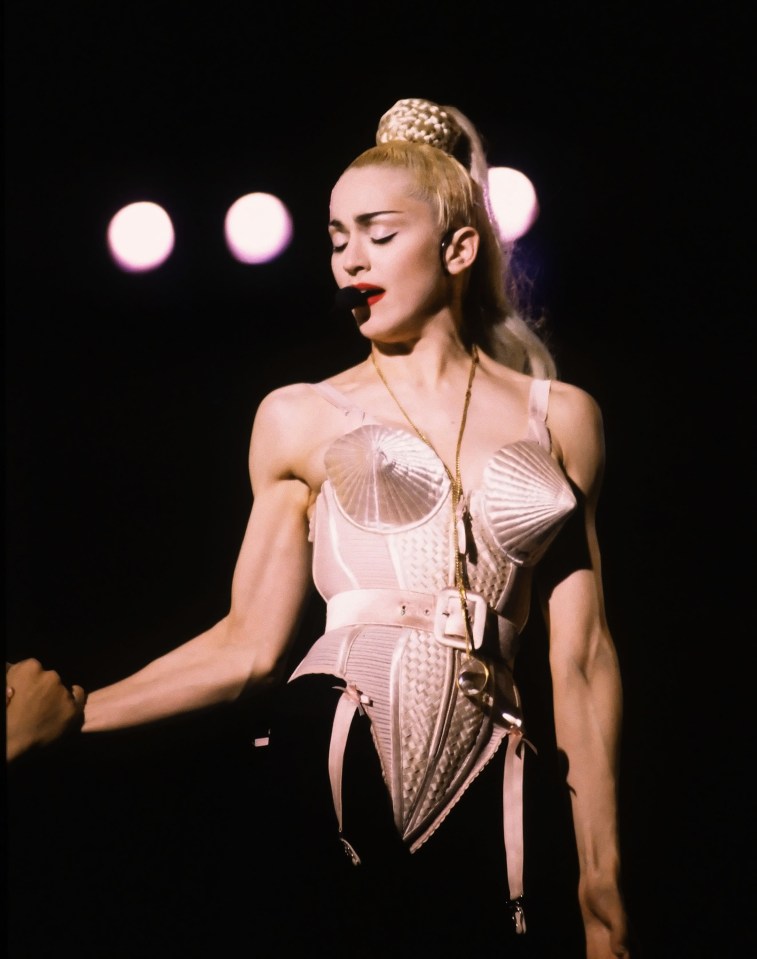  Madonna wearing the famous conical gold cone bra on Madonna Blonde Ambition Tour