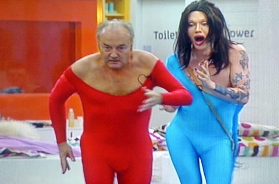  George Galloway left in red leotard and Pete Burns in blue leotard doing robotic dance during Celebrity Big Brother 2006