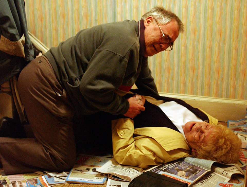  Jack tends to Vera after she trips over his pigeon mags in 2007 Corrie episode