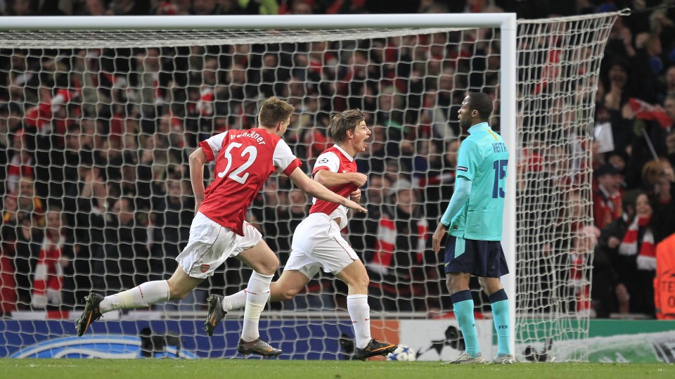 Arsenal V Barcelona / Champions League First Knockout Round 16.02.11 Andrey Arshavin (Arsenal) scoring his sides second 2-1 (Marc Aspland The Times).