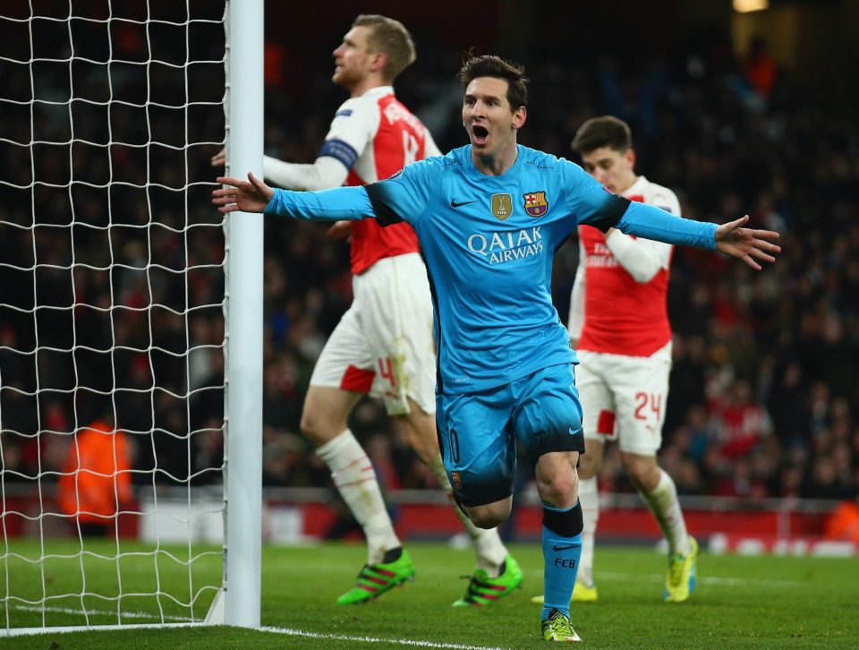 LONDON, ENGLAND - FEBRUARY 23: Lionel Messi of Barcelona celebrates scoring the opening goal during the UEFA Champions League round of 16 first leg match between Arsenal and Barcelona on February 23, 2016 in London, United Kingdom. (Photo by Paul Gilham/Getty Images)