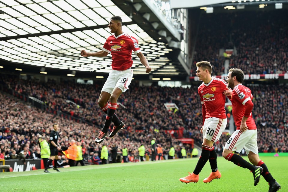 Marcus Rashford jumps for joy after netting against Arsenal on his Prem debut