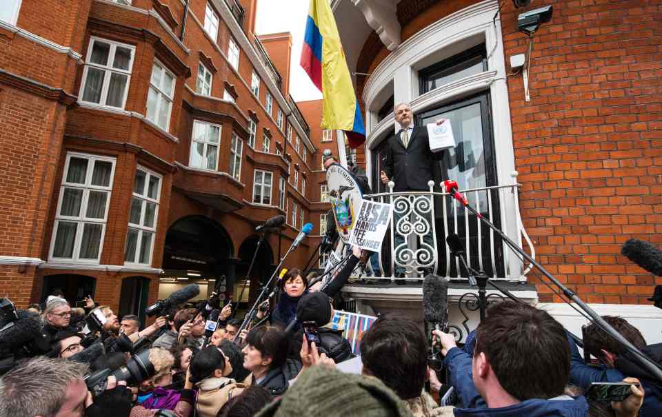  Julian Assange addresses media and supporters from the balcony of Ecuador's embassy in February this year 