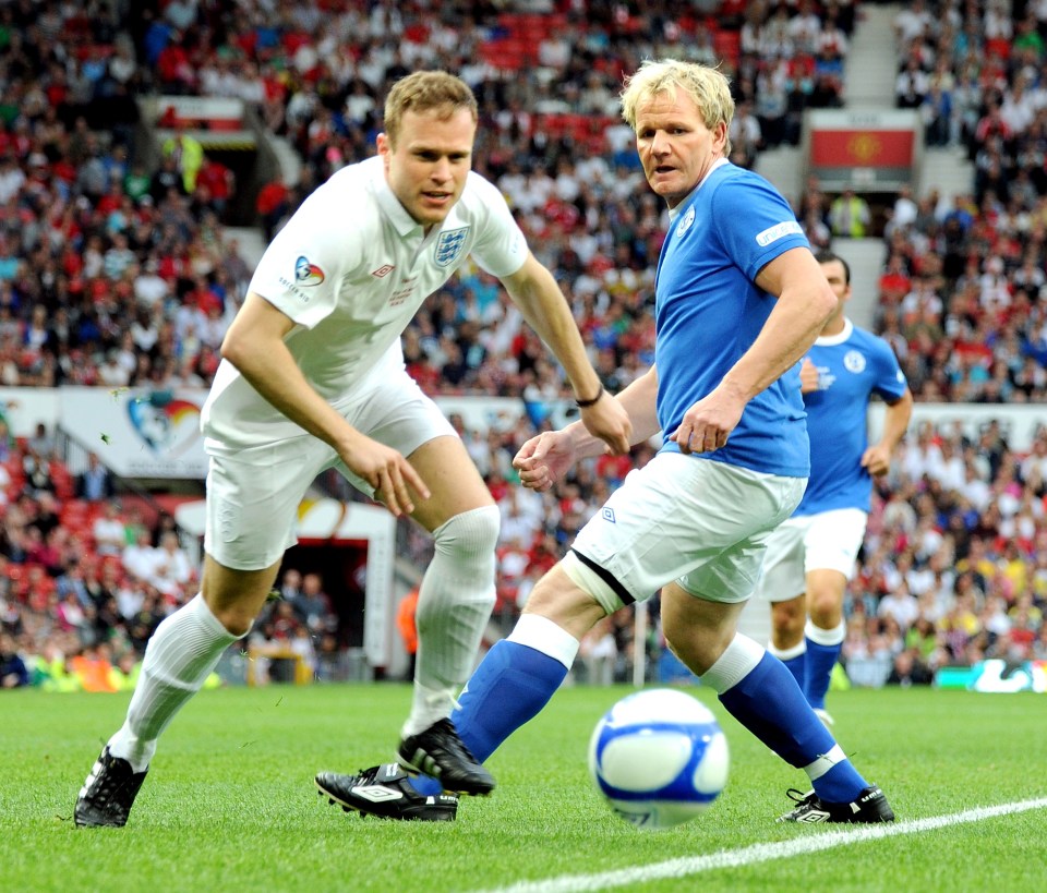 Olly Murs playing in the 2010 soccer aid match at his beloved Old Trafford 