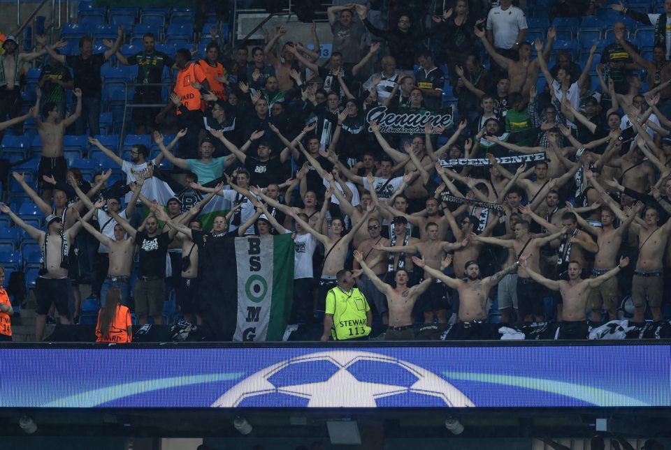 Borussia Monchengladbach's excellent supporters could do nothing to stop Man City running out 4-0 winners at the Etihad