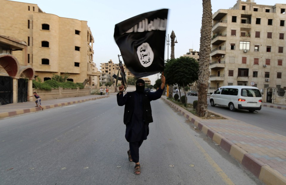 A member loyal to the ISIL waves an ISIL flag in Raqqa