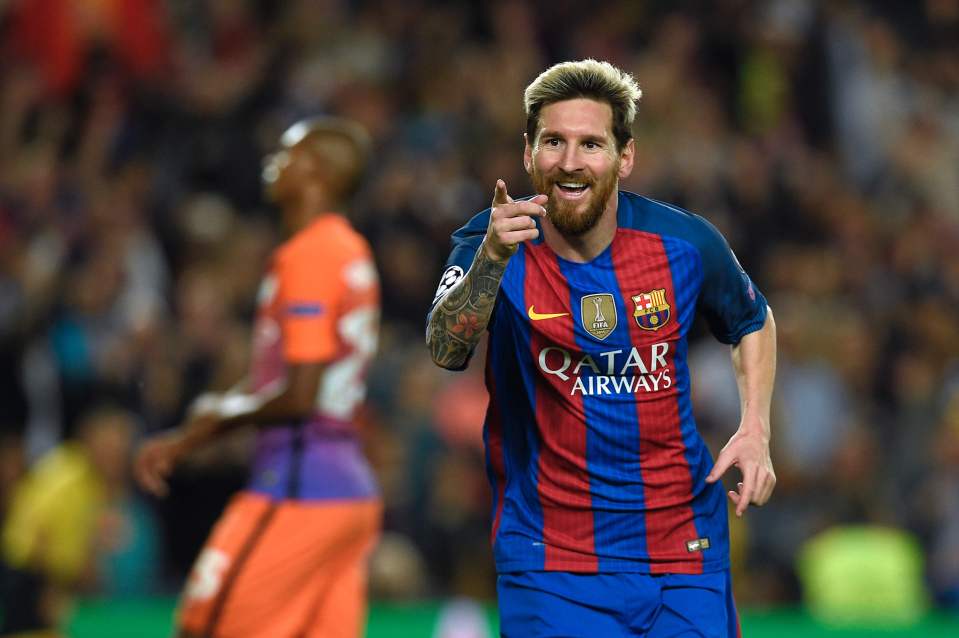 TOPSHOT - Barcelona's Argentinian forward Lionel Messi celebrates a goal during the UEFA Champions League football match FC Barcelona vs Manchester City at the Camp Nou stadium in Barcelona on October 19, 2016. / AFP PHOTO / LLUIS GENELLUIS GENE/AFP/Getty Images