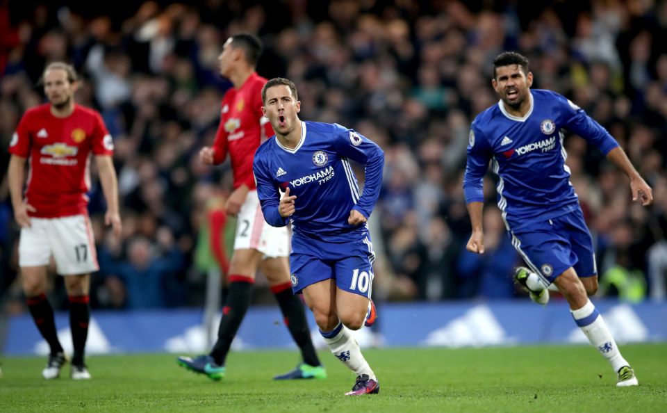 Chelsea's Eden Hazard celebrate scoring his side's third goal of the game with teammate Diego Costa (right) during the Premier League match at Stamford Bridge, London. PRESS ASSOCIATION Photo. Picture date: Sunday October 23, 2016. See PA story SOCCER Chelsea. Photo credit should read: Nick Potts/PA Wire. RESTRICTIONS: EDITORIAL USE ONLY No use with unauthorised audio, video, data, fixture lists, club/league logos or "live" services. Online in-match use limited to 75 images, no video emulation. No use in betting, games or single club/league/player publications.