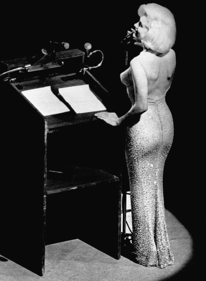  Actress Marilyn Monroe sings 'Happy Birthday' to President John F. Kennedy in famous diamond-encrusted dress