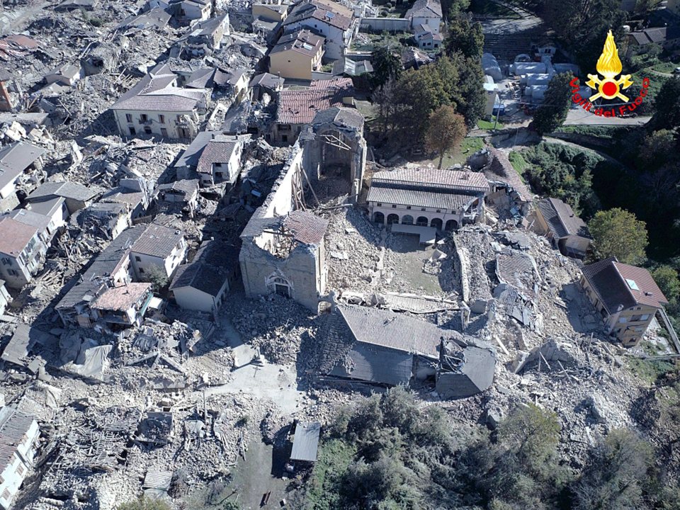  An aerial view of Amatrice village which was devastated by a massive earthquake