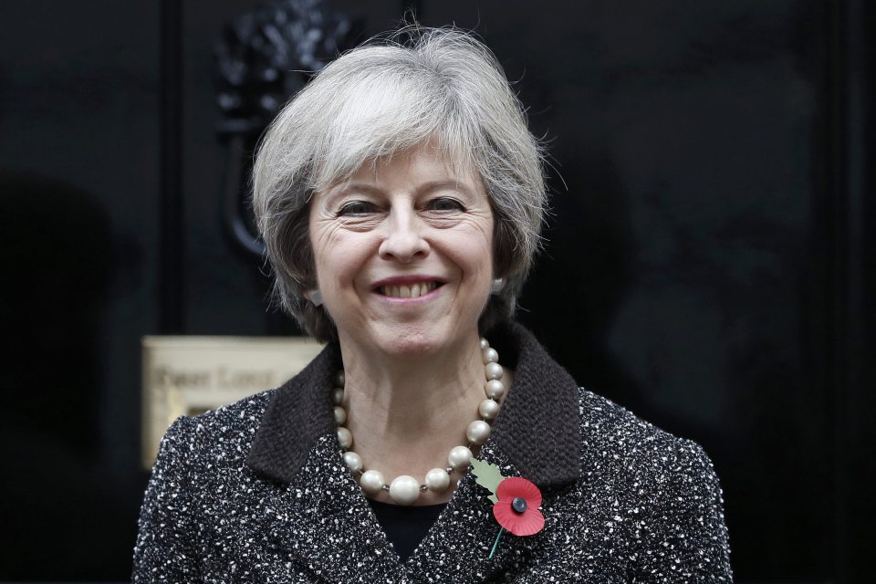 Britain's Prime Minister Theresa May poses with a poppy after buying it to mark this year's Poppy Appeal, at Number 10 Downing Street in central London