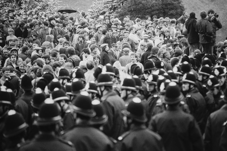 Police and miners pictured at a demonstration at Orgreave Colliery, South Yorkshire, during the miners' strike, June 2, 1984