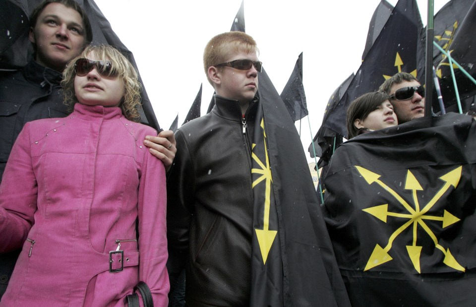 Supporters of the Eurasian Youth Union Movement, a right-wing imperialist group who want a return of the Russian empire