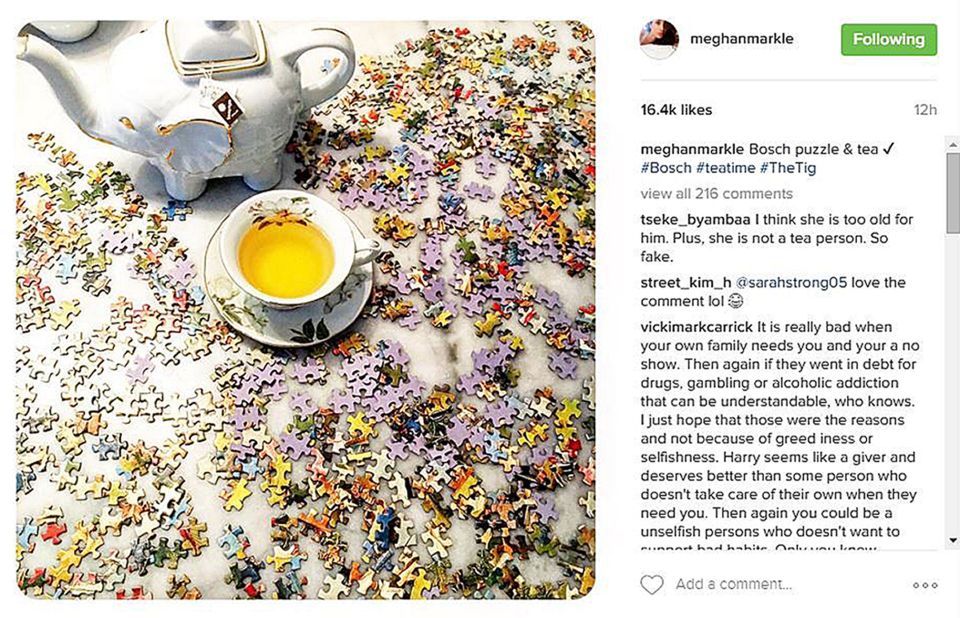  The picture was posted on Instagram and featured a pot of tea shaped like an elephant and a jigsaw puzzle with #teatime