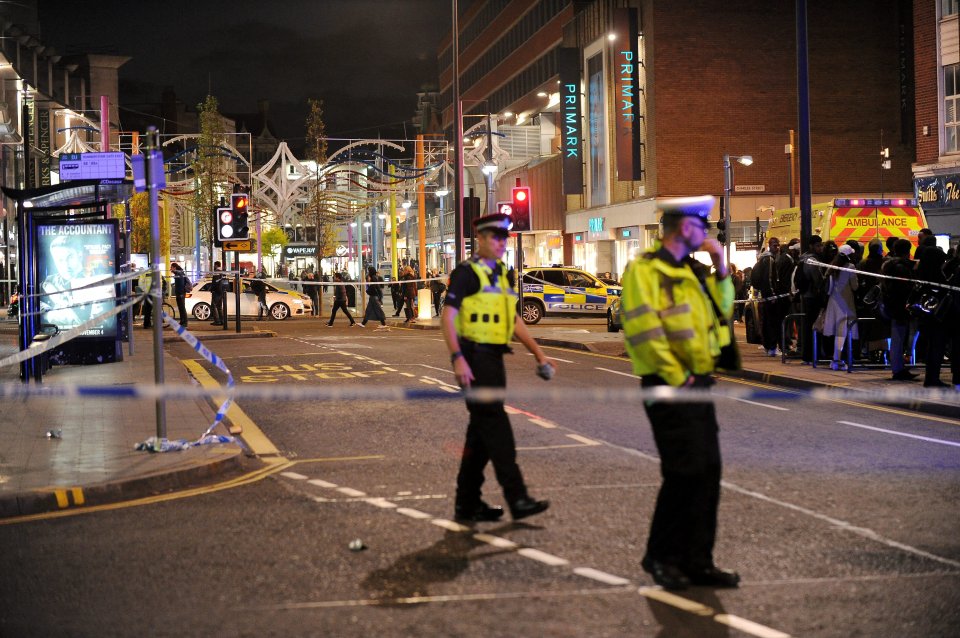 Horrified crowds were left scrambling for their lives after a car ploughed onto the busy pavement in Leicester