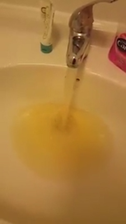  Gross yellow-coloured water pools at bottom of sink while tap is run