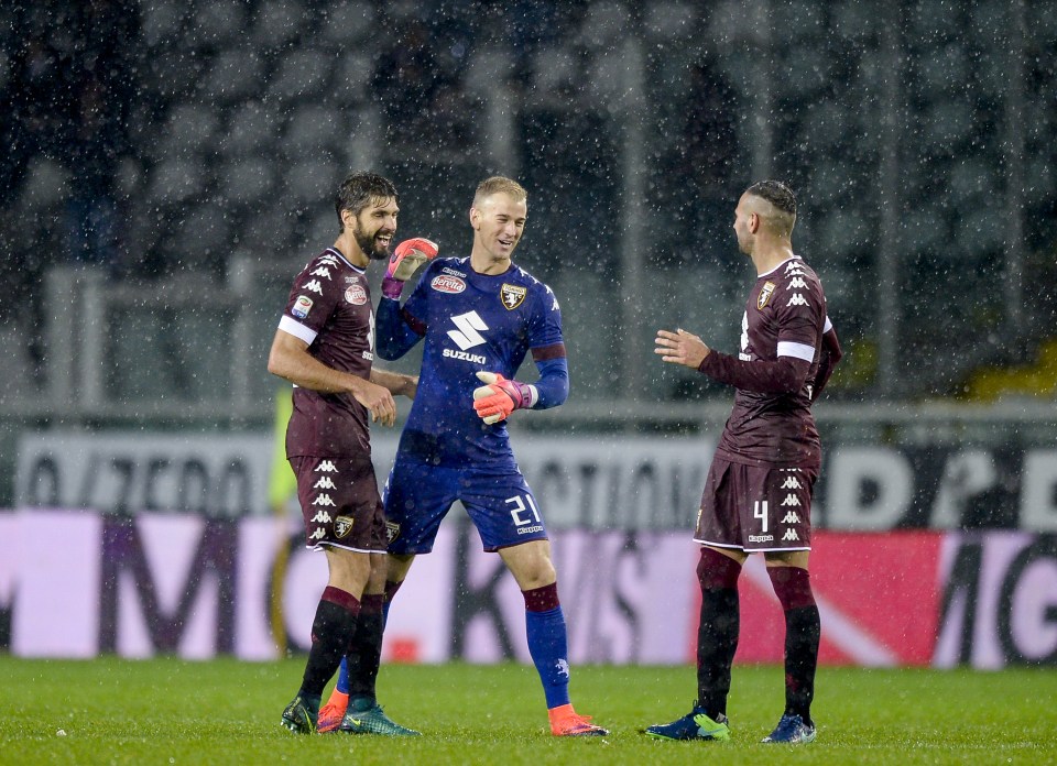 STADIO COMUNALE GRANDE TORINO, TURIN, ITALY - 2016/11/05: Luca Rossettini (left), Joe Hart and Leandro Castan of Torino FC celebrates at the end of the Serie A football match between Torino FC and Cagliari Calcio at Stadio Olimpico Grande Torino on November 5, 2016 in Turin, Italy. (Photo by Nicolò Campo/LightRocket via Getty Images)