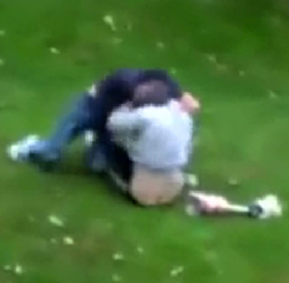  Much of the footage shows the pair wrestling on the ground