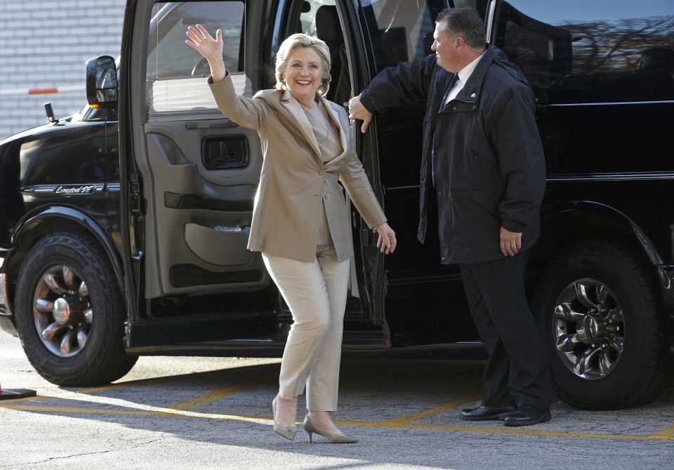 Hillary Clinton arrives to vote in the U.S. presidential election at Grafflin Elementary School in Chappaqua, New York