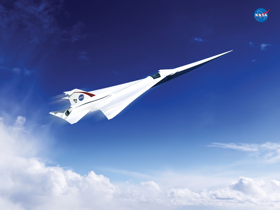 artists concept of a possible Low Boom Flight Demonstration Quiet Supersonic Transport (QueSST) X-plane design.