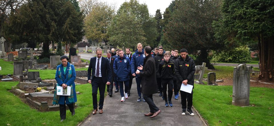 Southgate and his players were led for a walk through Stapenhill Cemetery with youngsters from Burton Albions academy