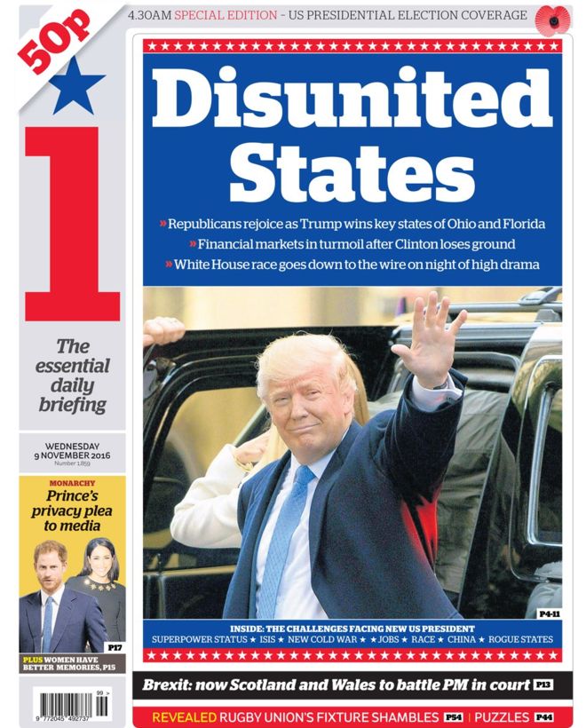  In a 4:30am edition, the i branded the USA 'disunited'