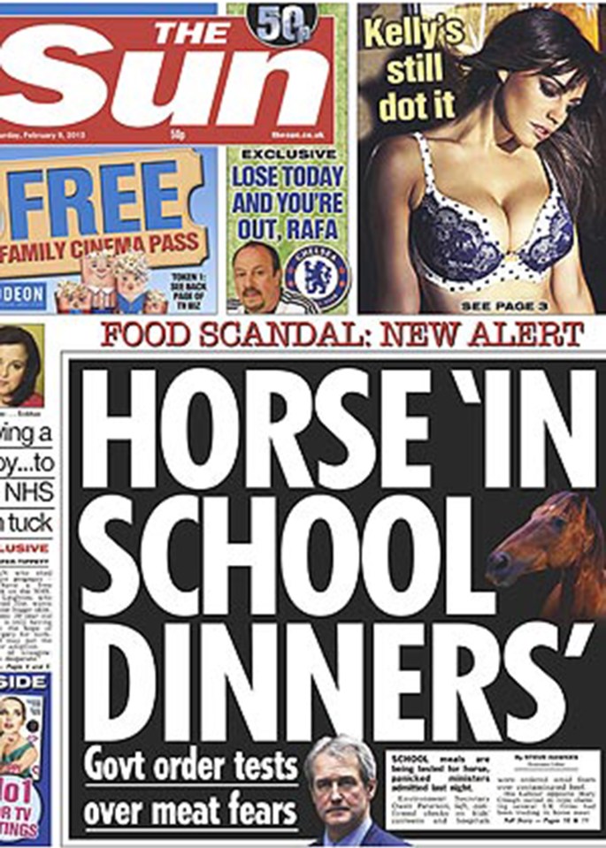 The horse meat scandal was front page news in The Sun