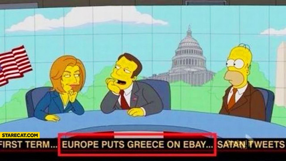 In a 2013 episode a news headline flashes up on screen that reads: “Europe puts Greece on eBay.”