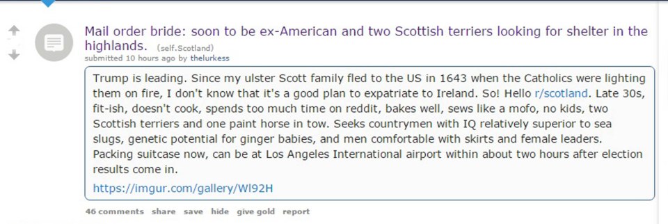  Wendlynne calls herself in her Reddit post a 'soon to be ex-American' and advertises herself as a 'Mail order bride'