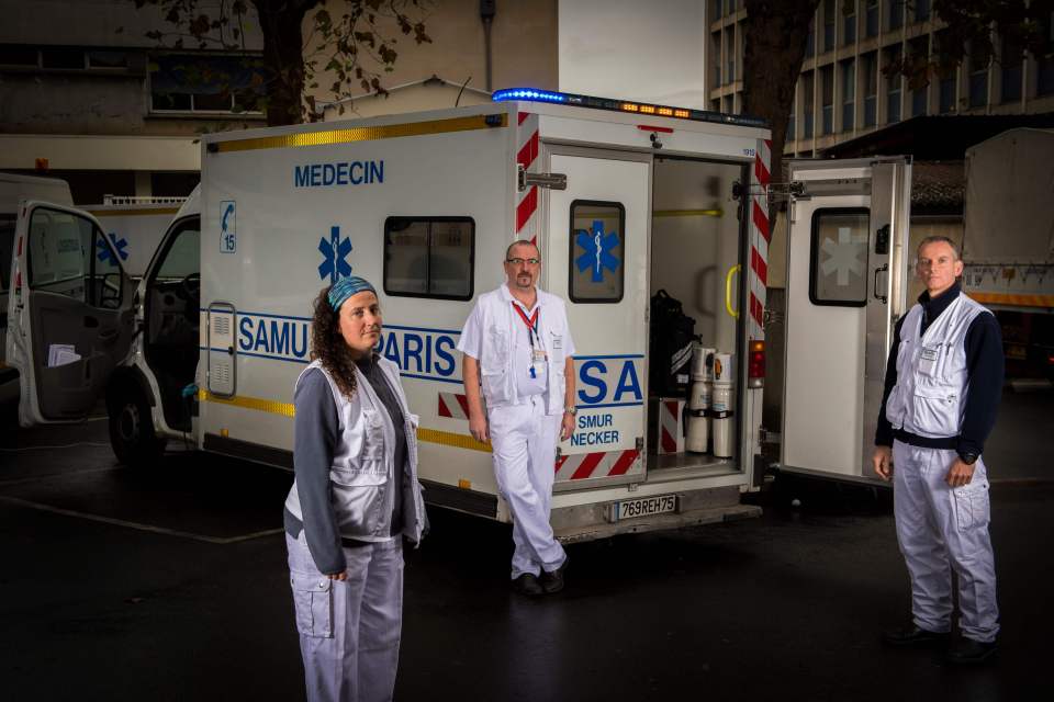  (From left) Dr Christelle Dagron, anesthetist Jerome Gouvernaire, and driver Christophe Brancourt, pictured here yesterday, were the first medics on the scene