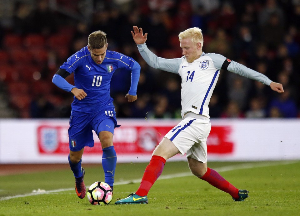  Will Hughes, seen here challenging for the ball, hit the post for England during the second half