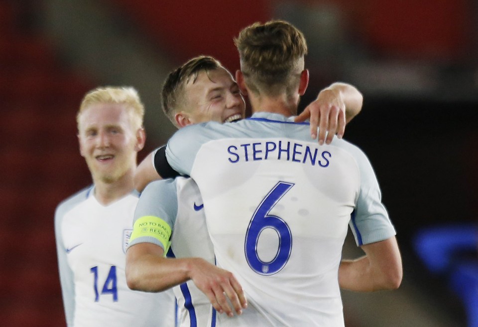  Stephens is congratulated by his Southampton team-mate James Ward-Prowse after his late winner