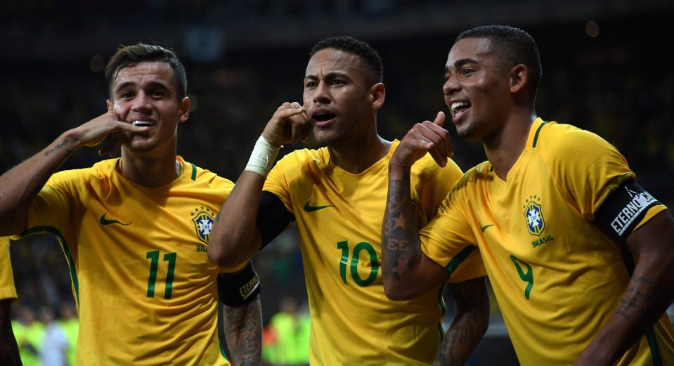 Neymar celebrates with Brazil team-mates Philippe Coutinho and Gabriel Jesus to prove he is a star at intenational level as well as for his club