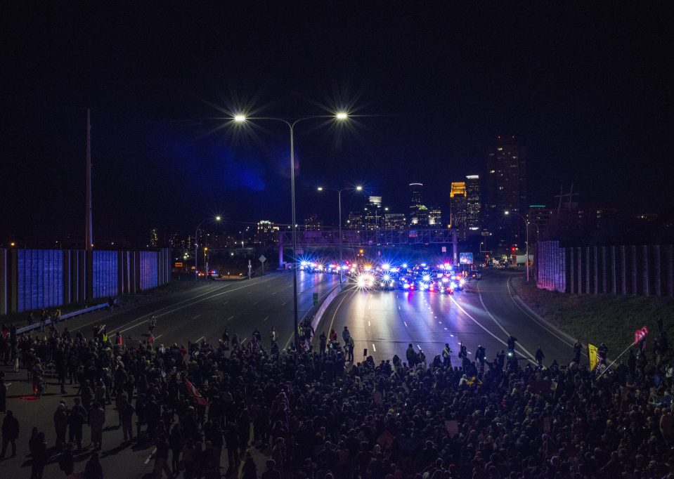  Police block protesters of President-elect Donald Trump from marching down the I-94 in Minneapolis,