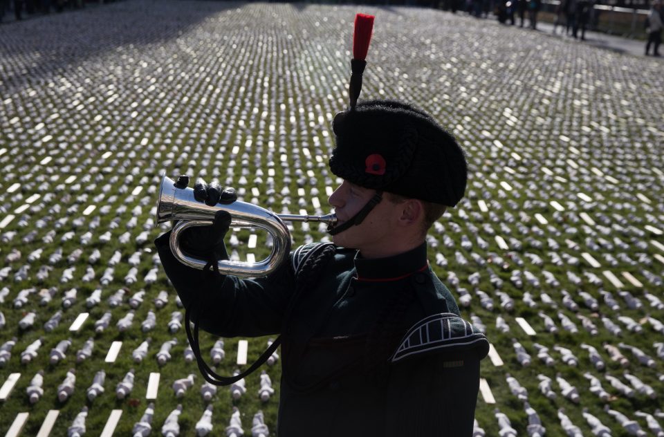  Soldier in front of 19,420 figurines laid out as part of 19240 Shrouds of the Somme art installation