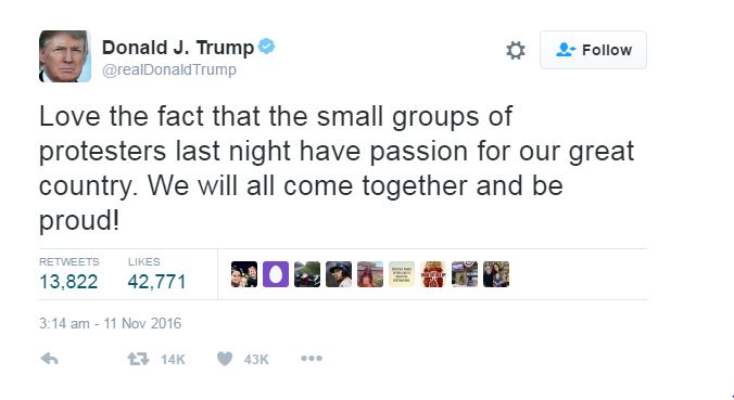 Donald Trump took to Twitter in praise of passion shown by protesters