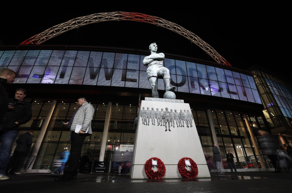 Wreaths were also laid at the Bobby Moore statue outside Wembley