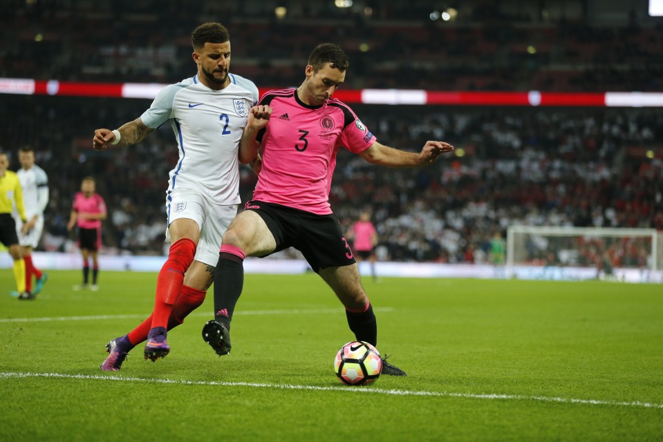 Lee Wallace played but struggled to cope when England were on the attack