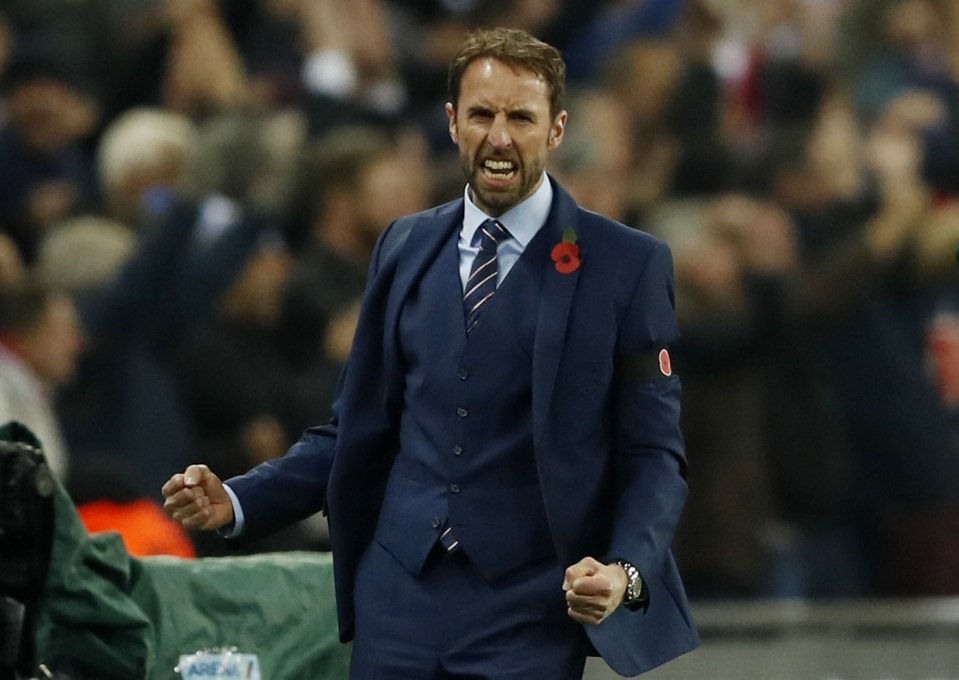 England interim manager Gareth Southgate celebrates after Gary Cahill scored their third goal