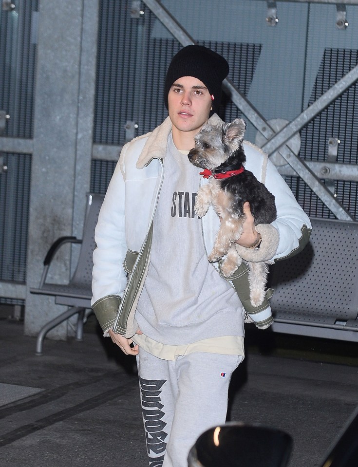  Justin Bieber cuddled up to a pet puppy as she arrived at an airport in Poland