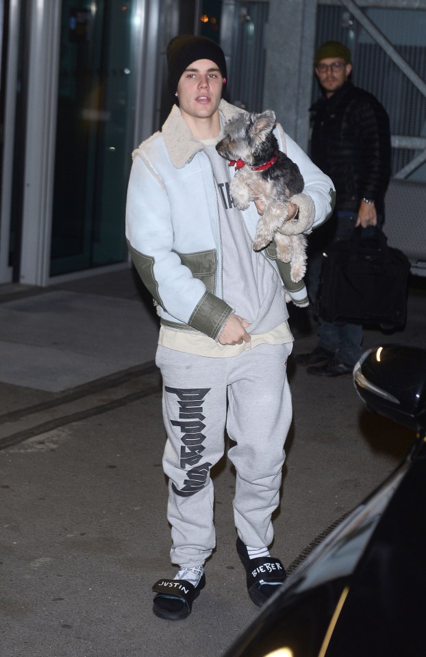  The popstar clutched the pooch close to his chest to protect it from the cold