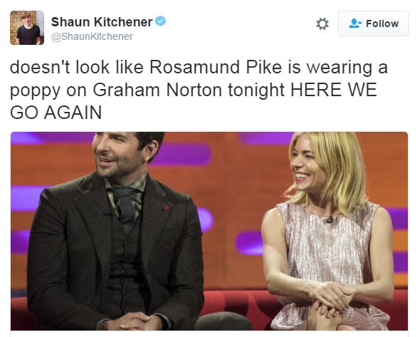  One Twitter user shared a picture of Sienna Miller without her poppy on the show last year