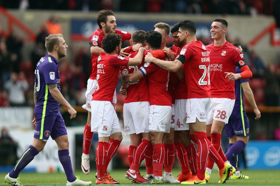 Swindon celebrate their 3-0 win over Charlton