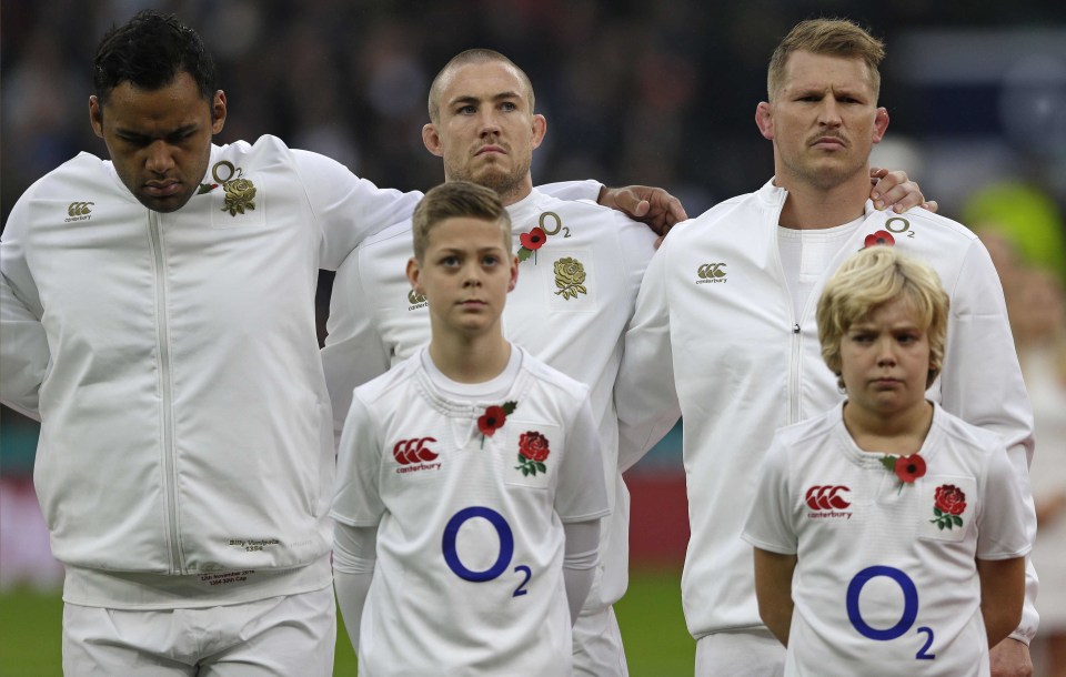  England rugby players Billy Vunipola, Mike Brown and Dylan Hartley wear the rose